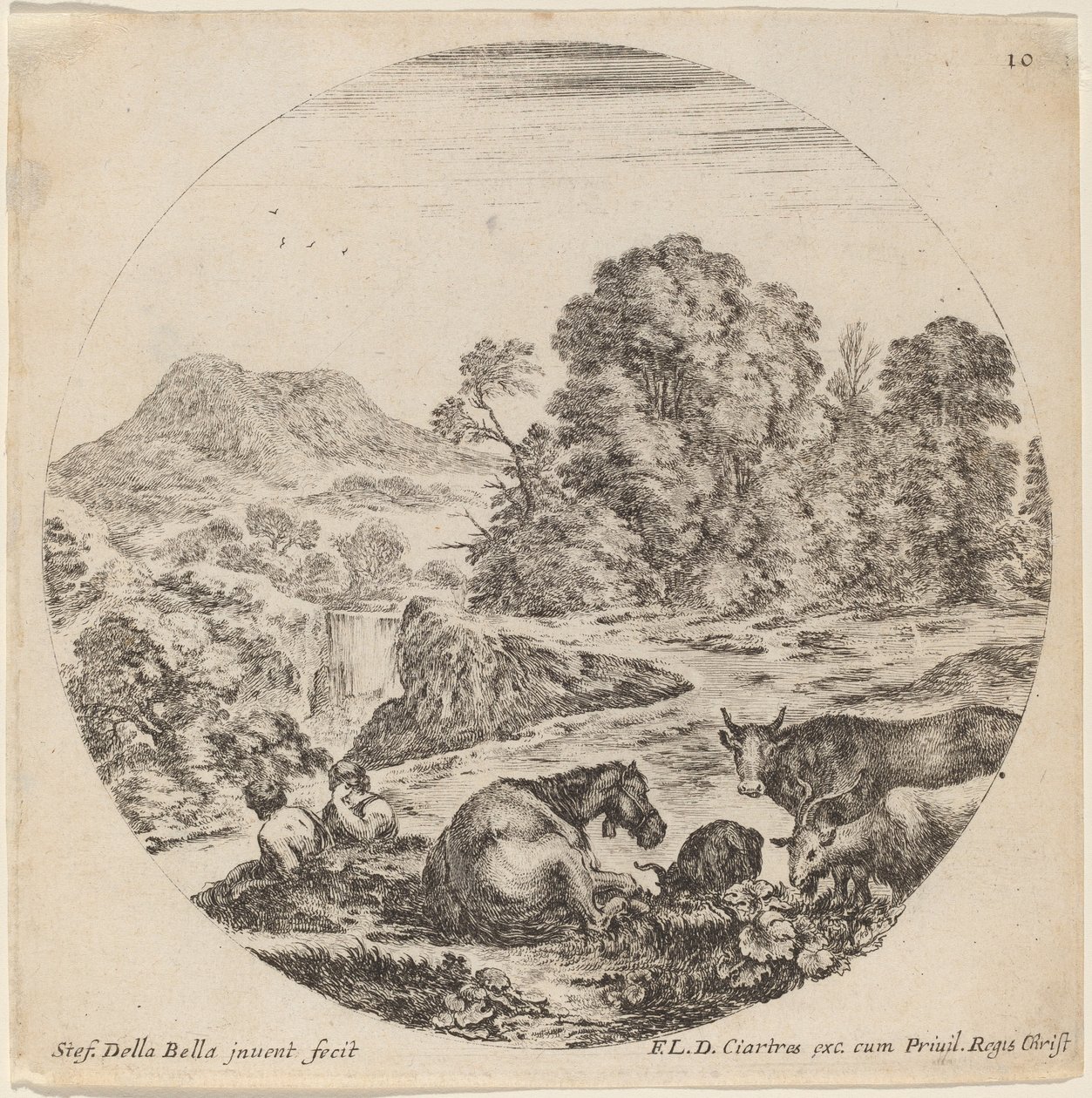 有动物和两个坐着的牧羊人的风景，1646年。 作者 斯蒂法诺·德拉·贝拉