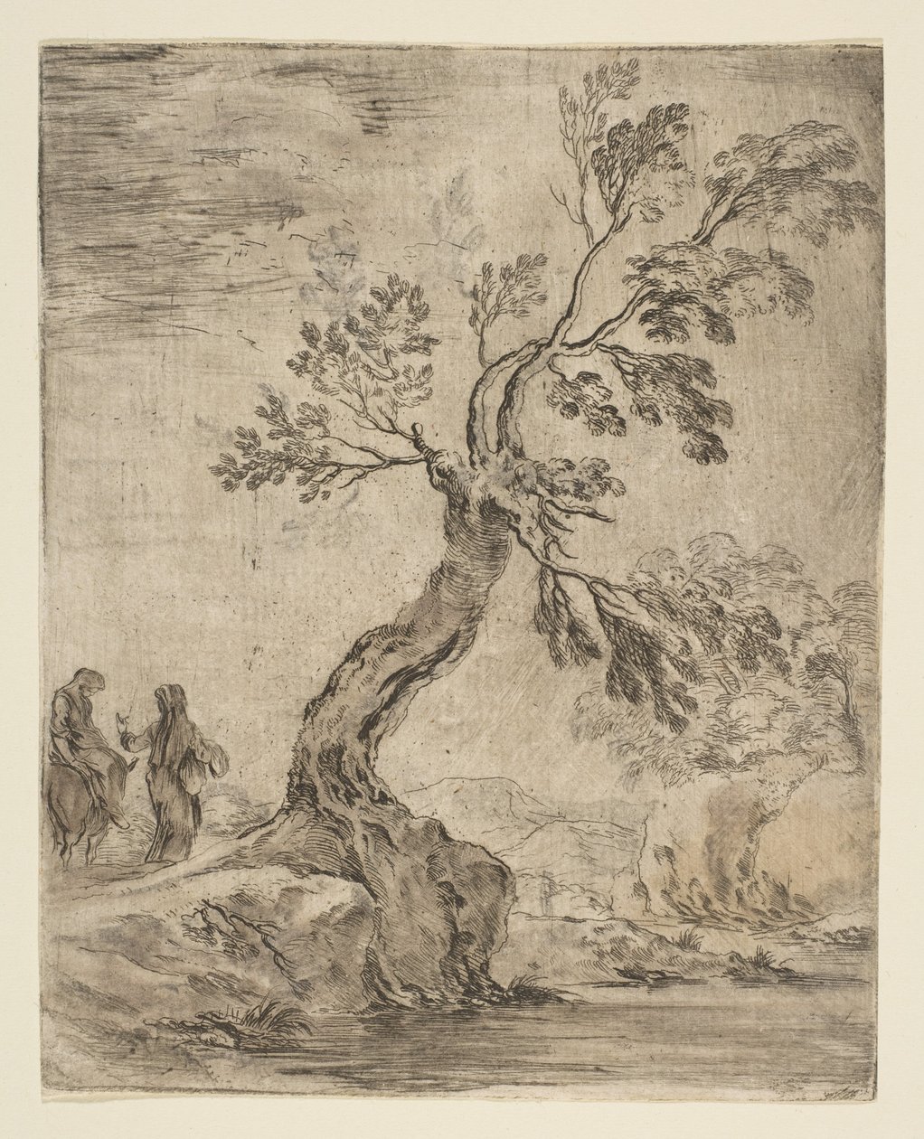 与两个女人在一起的风景，一个装在驴上，约。 1660。 作者 斯蒂法诺·德拉·贝拉