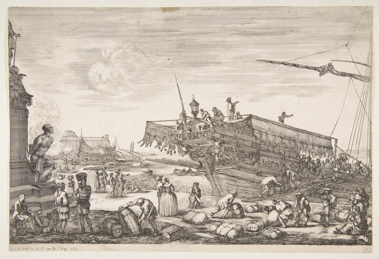1654-55年，从里窝那（Livorno Vues du Livourne）港口的景色装载厨房。 作者 斯蒂法诺·德拉·贝拉