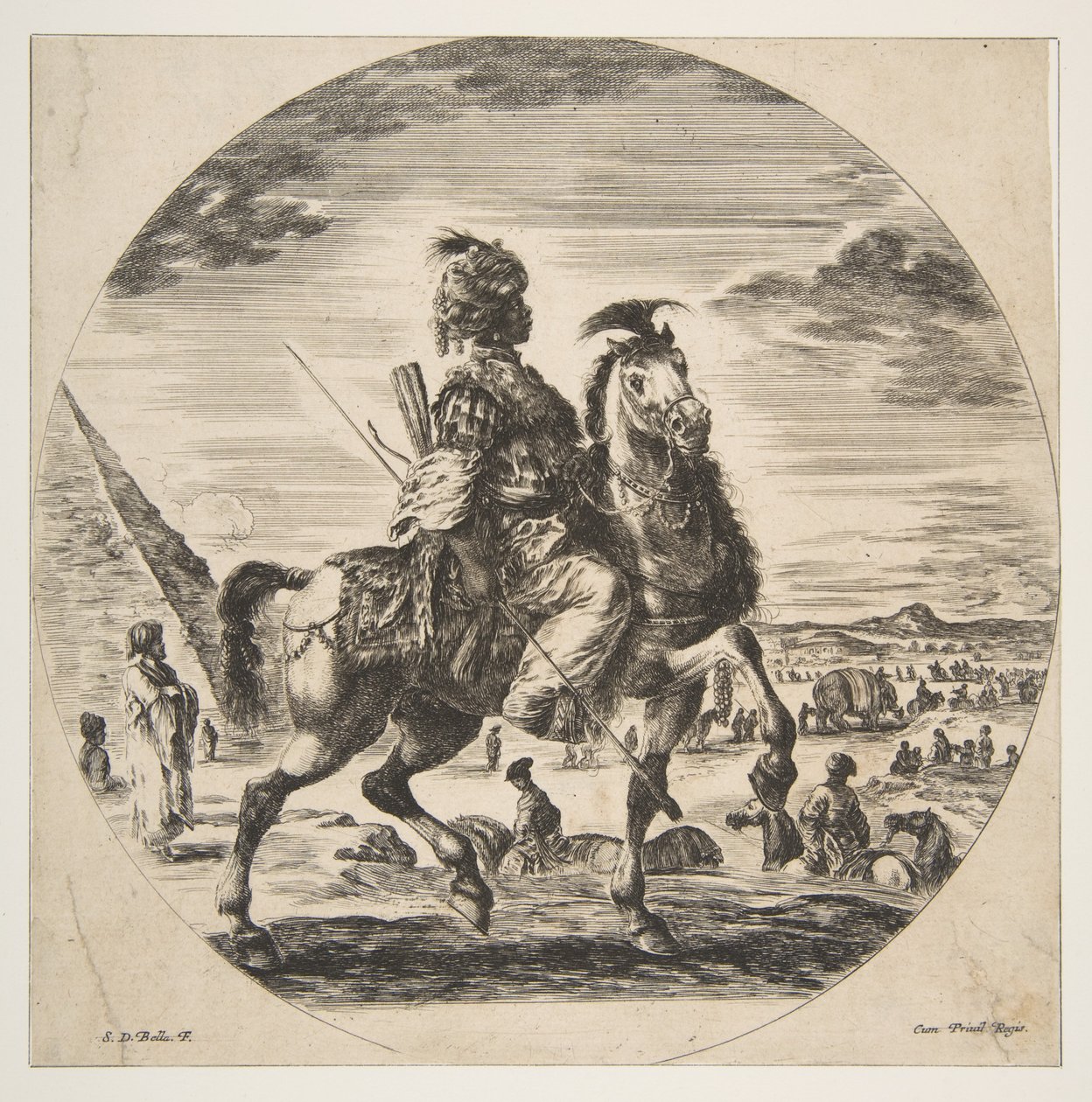 摩尔人的骑兵朝右，背景为左金字塔，许多...，大约。 1651。 作者 斯蒂法诺·德拉·贝拉