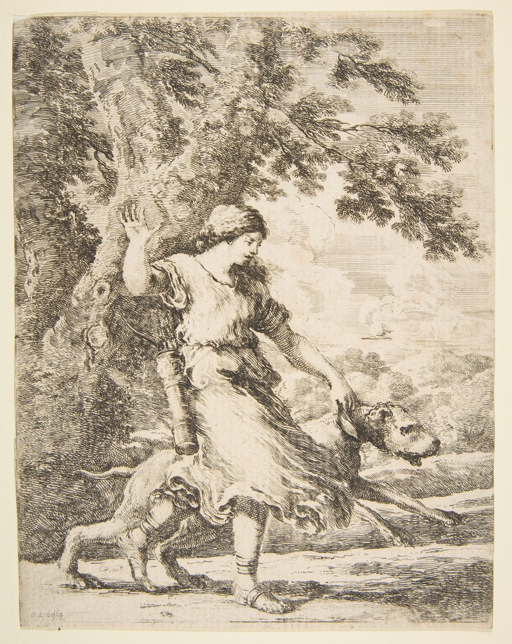 牵着一只大狗的仙女，约1654年。 作者 斯蒂法诺·德拉·贝拉