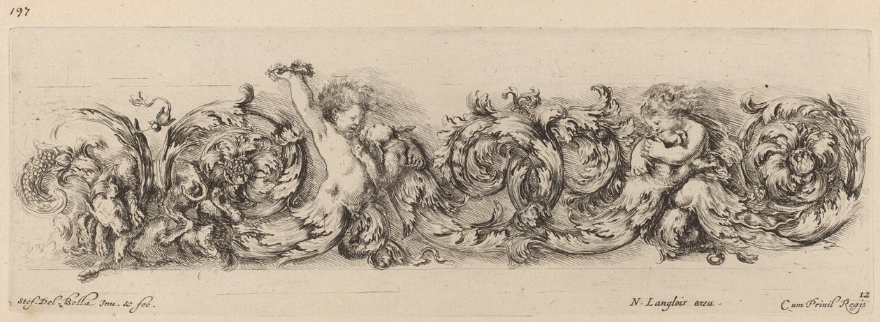 带有儿童和狗的装饰性壁画，可能是1648年。 作者 斯蒂法诺·德拉·贝拉