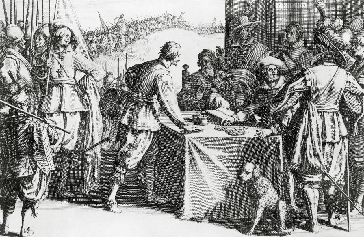 Paying mercenaries, engraving by Stefano della Bella (1610-1664) 作者 斯蒂法诺·德拉·贝拉