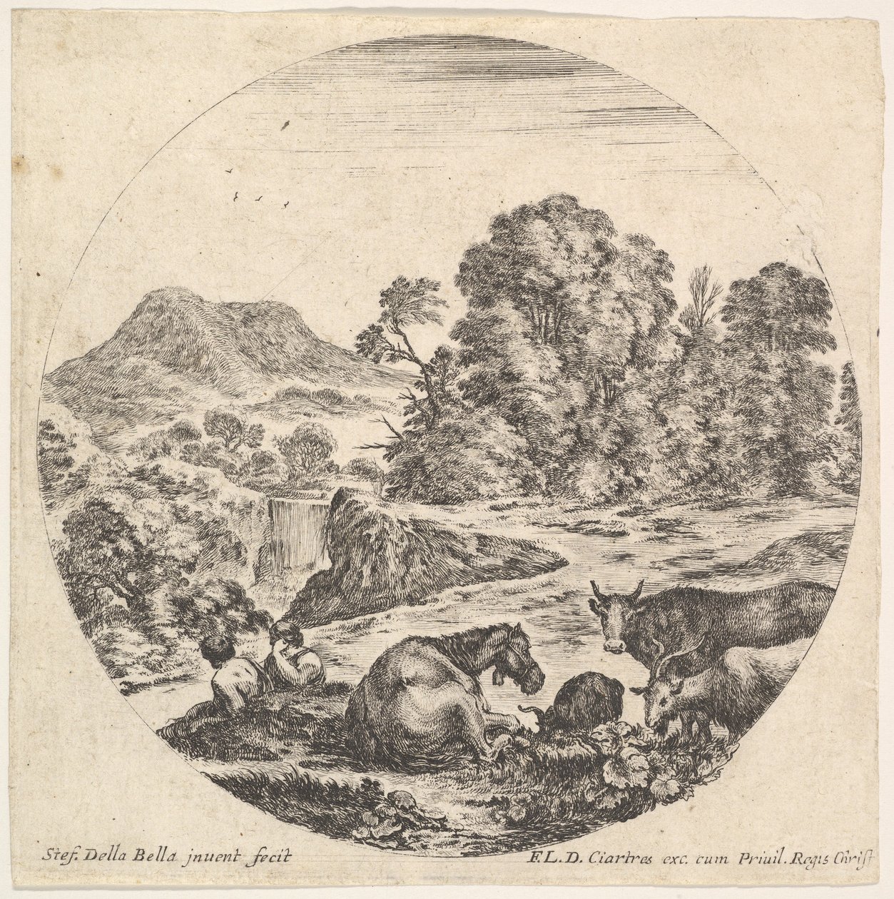 图10：一匹马躺在中间，一头母牛和两只山羊在右边，两只坐着的小矮人，... 1643-48。 作者 斯蒂法诺·德拉·贝拉