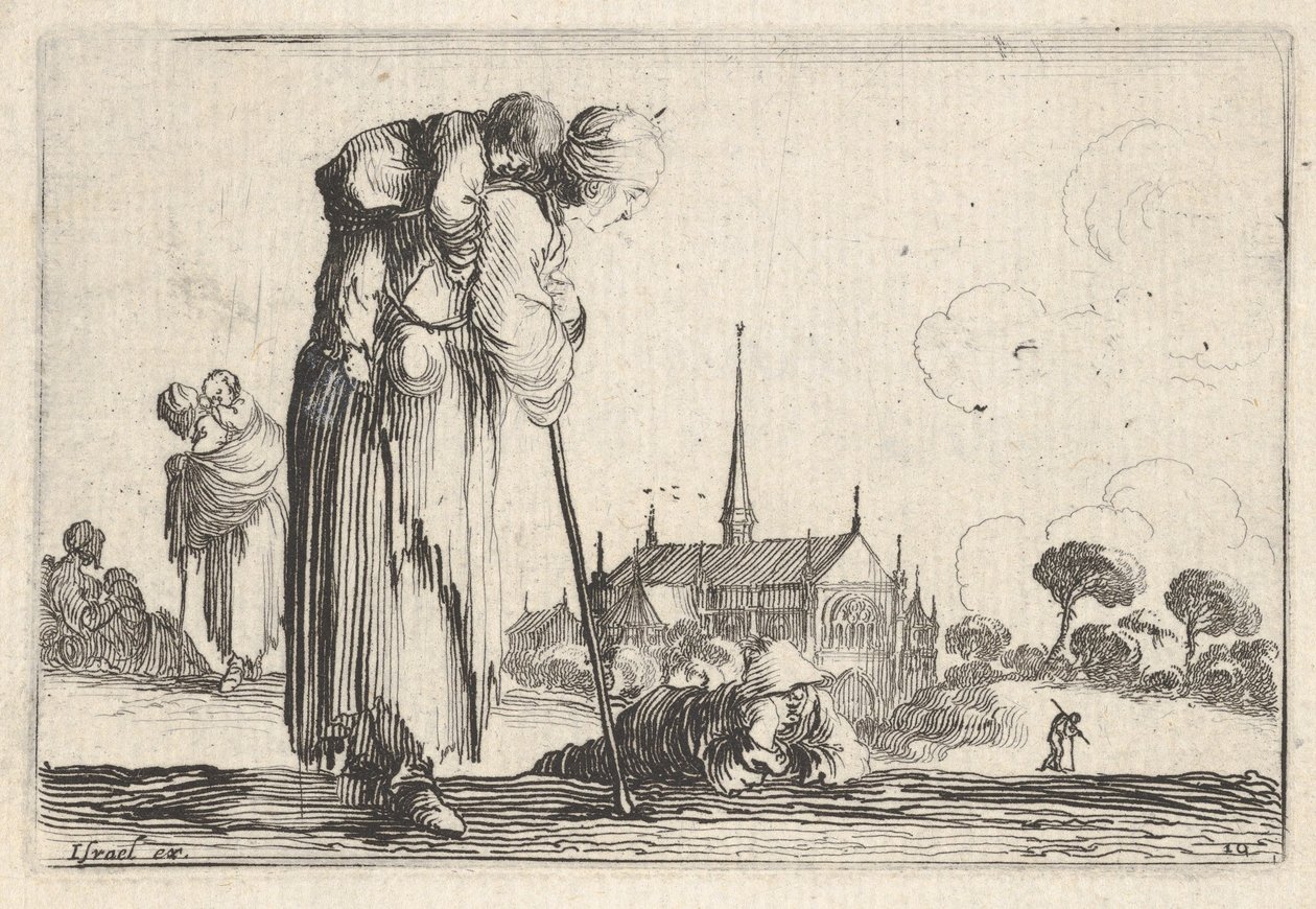图10：一个农民妇女向右转，背着一个孩子，一个男孩lyi ...，ca。 1642年。 作者 斯蒂法诺·德拉·贝拉