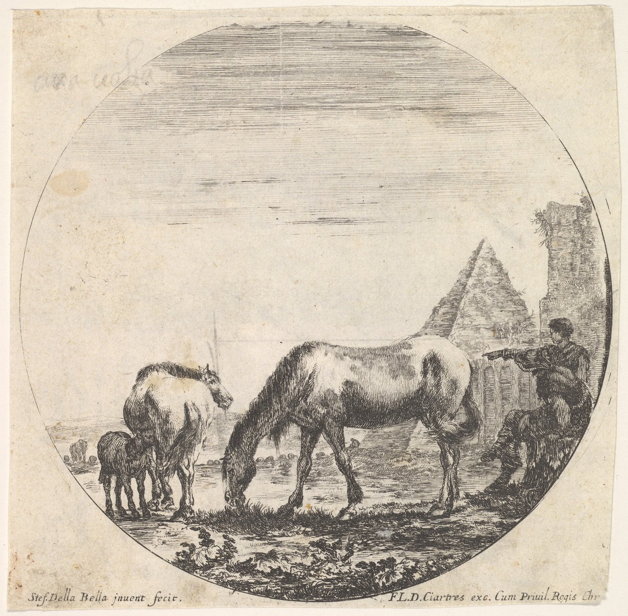 图11：Caius Cestius金字塔在背景中向右，一匹马在吃草……，大约。 1643-48。 作者 斯蒂法诺·德拉·贝拉