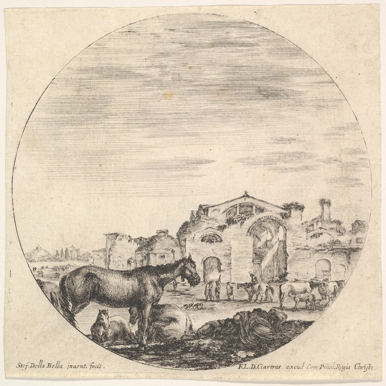 图版12：右边是一个睡在地上的牧羊人，左边是三匹马，其他是......，约1643-48。 作者 斯蒂法诺·德拉·贝拉