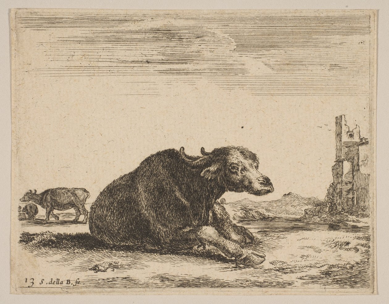 图13：躺下的水牛，来自Diversi animali，ca。 1641。 作者 斯蒂法诺·德拉·贝拉