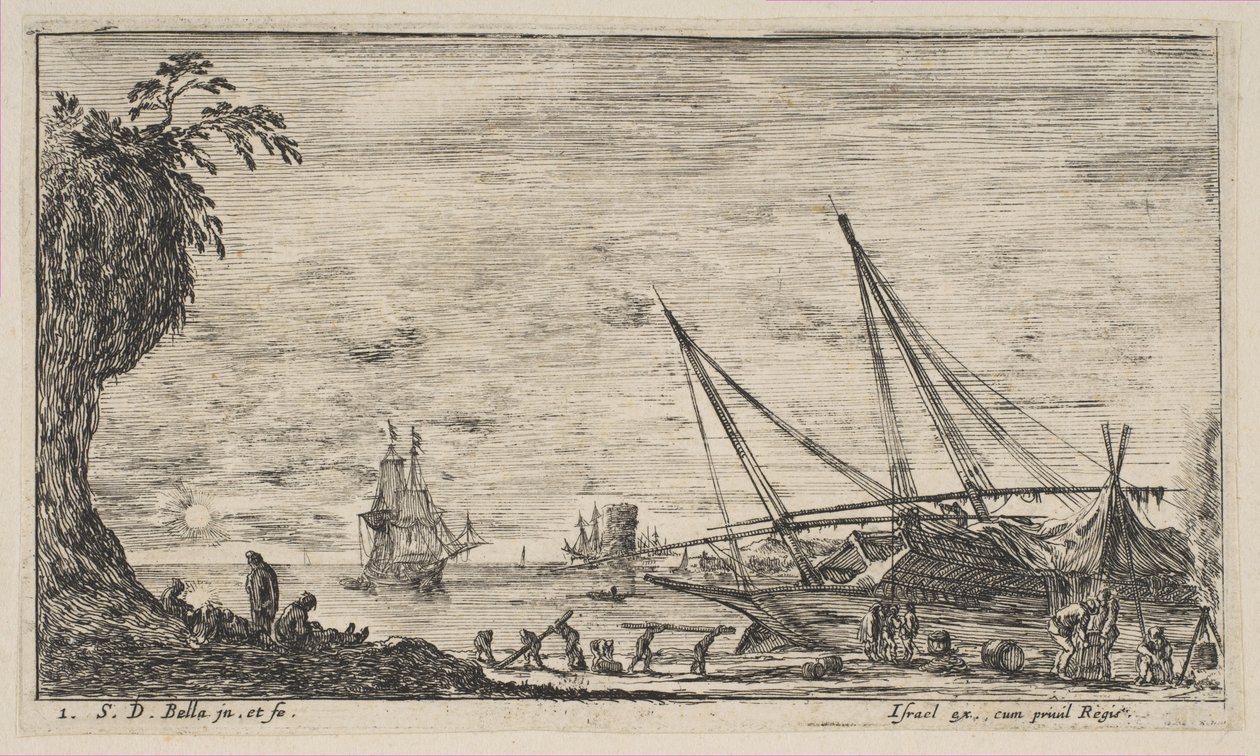 图版1：有船的海港，来自 "海景画 "Paysages maritimes，约1644年。 作者 斯蒂法诺·德拉·贝拉