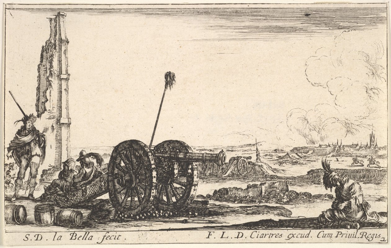 图2：左侧的一门加农炮，背景为城镇，出自《各种军事历险记》，ca。 1641。 作者 斯蒂法诺·德拉·贝拉