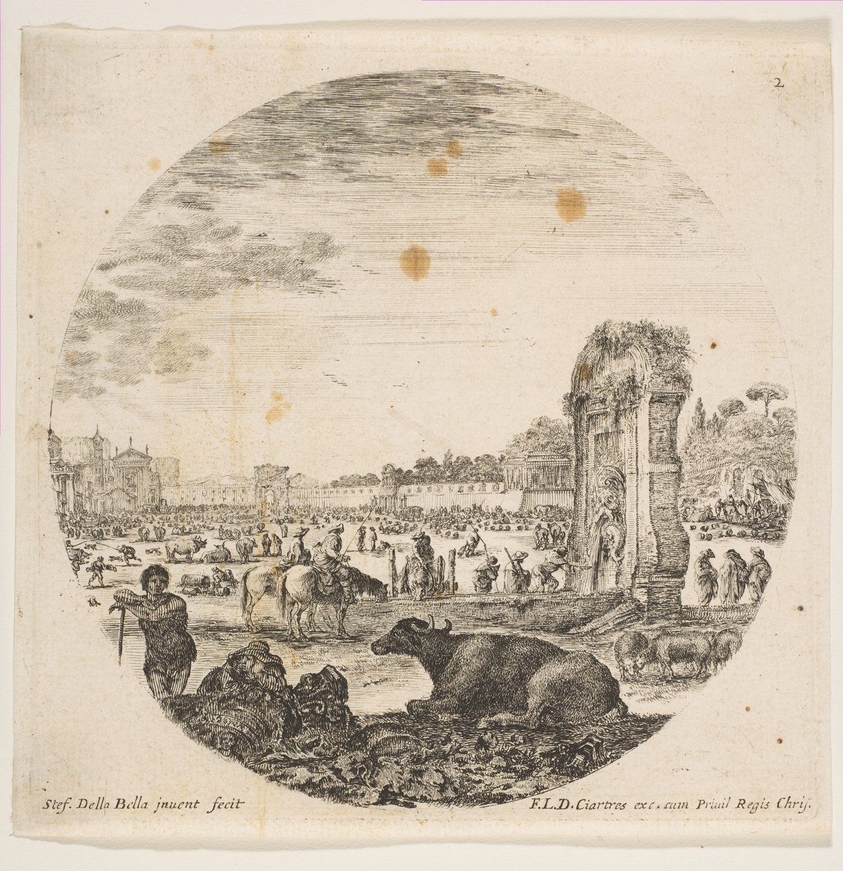 图2：坎波·瓦奇诺（Campo Vaccino），一个水牛和两个牧羊人，居中，方丹酮在右边……，大约。 1646。 作者 斯蒂法诺·德拉·贝拉