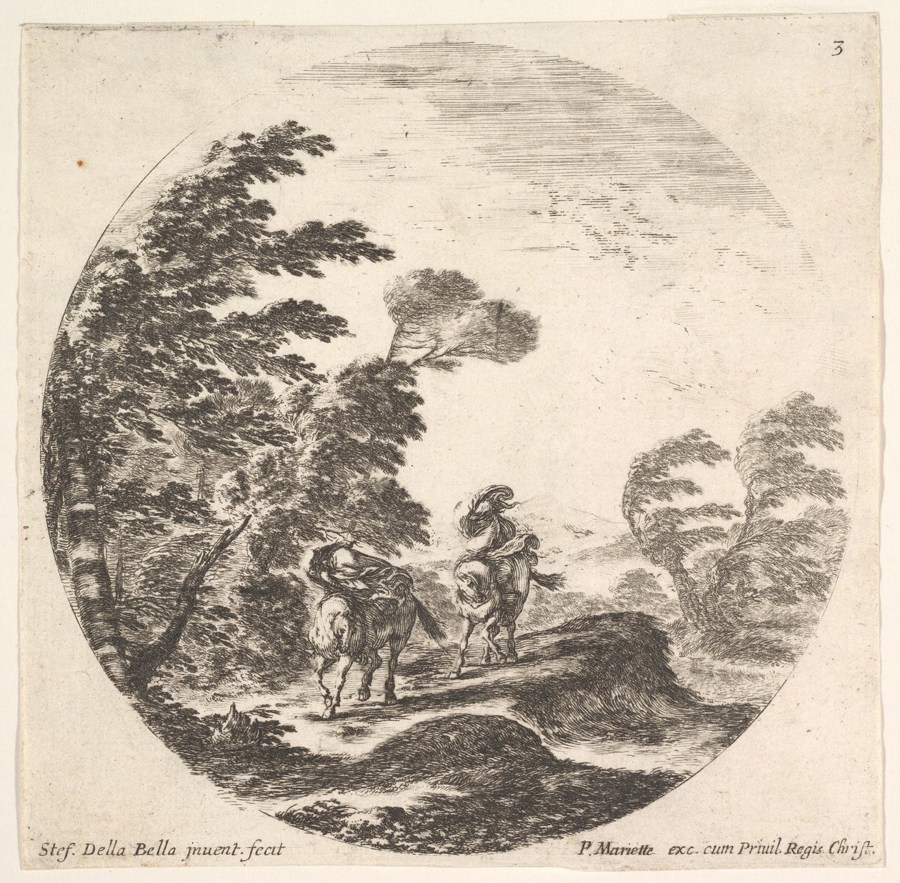 图3：森林中的大风，两个骑兵裹着斗篷，风很大。 1643-48。 作者 斯蒂法诺·德拉·贝拉