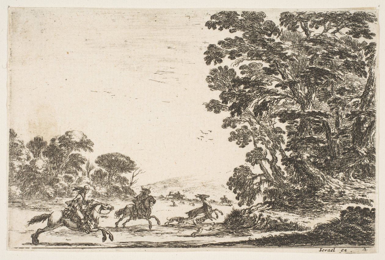 图4：猎鹿，两名骑兵向左奔腾，尾随三只狗和一头鹿...，1642年。 作者 斯蒂法诺·德拉·贝拉