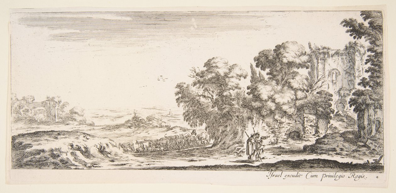 图版4：两个朝圣者在观察右边的废墟，其中一个指向右边，一个是Shep...，约1641年。 作者 斯蒂法诺·德拉·贝拉