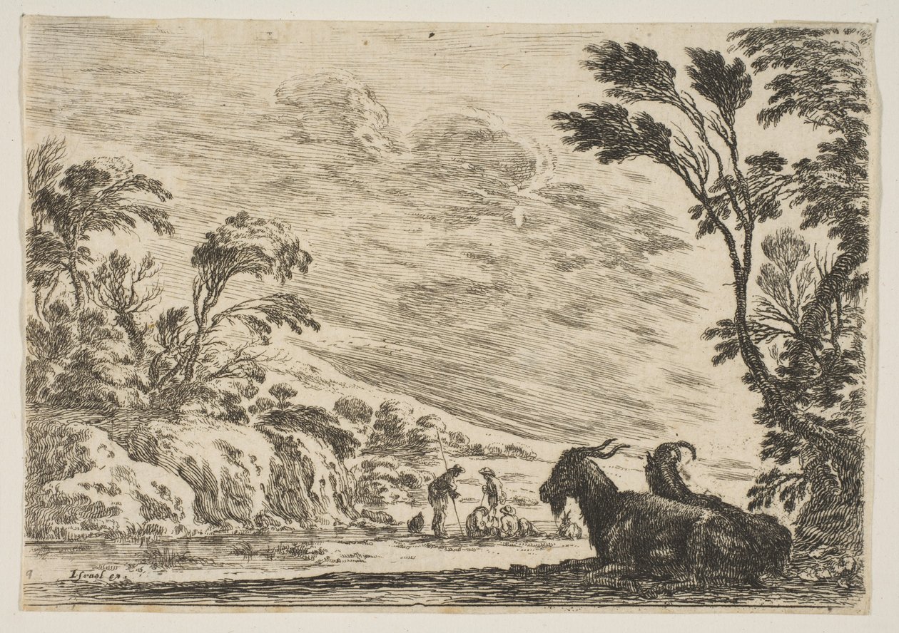 图9：两只山羊向右安放，向左转，四个男人和一匹马在一个城堡里，1642年。 作者 斯蒂法诺·德拉·贝拉