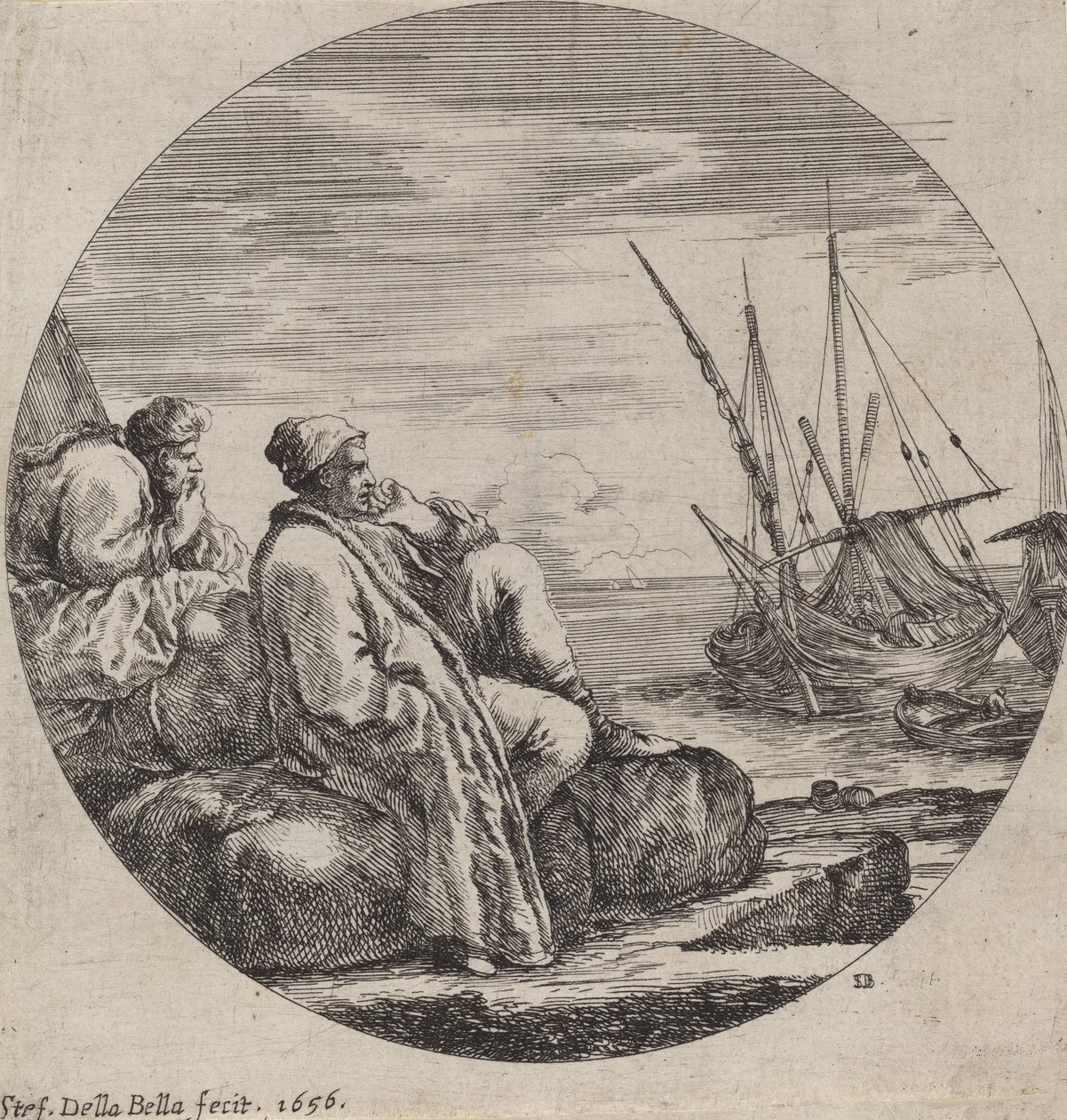 海港与两个土耳其商人，1656年。 作者 斯蒂法诺·德拉·贝拉