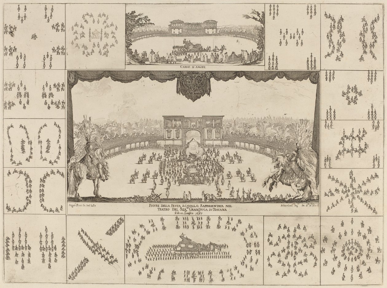 为费迪南德二世大公的婚礼在佛罗伦萨执行的锦标赛，1637年。 作者 斯蒂法诺·德拉·贝拉