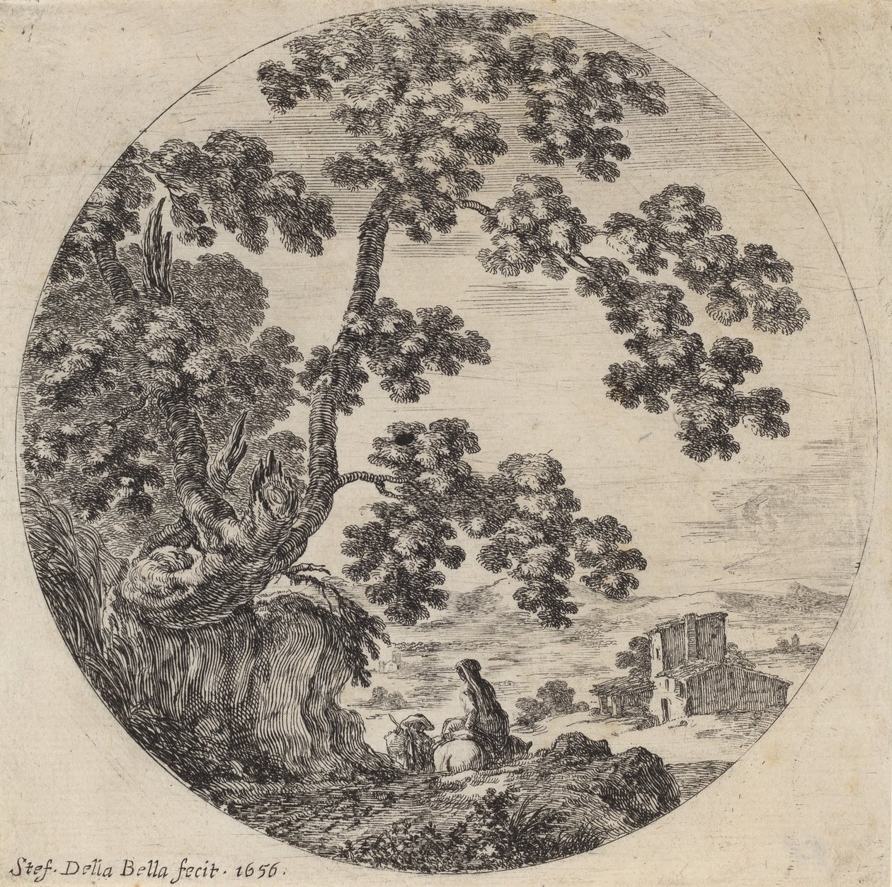 两个旅行者路过一棵老橡树，1656年。 作者 斯蒂法诺·德拉·贝拉