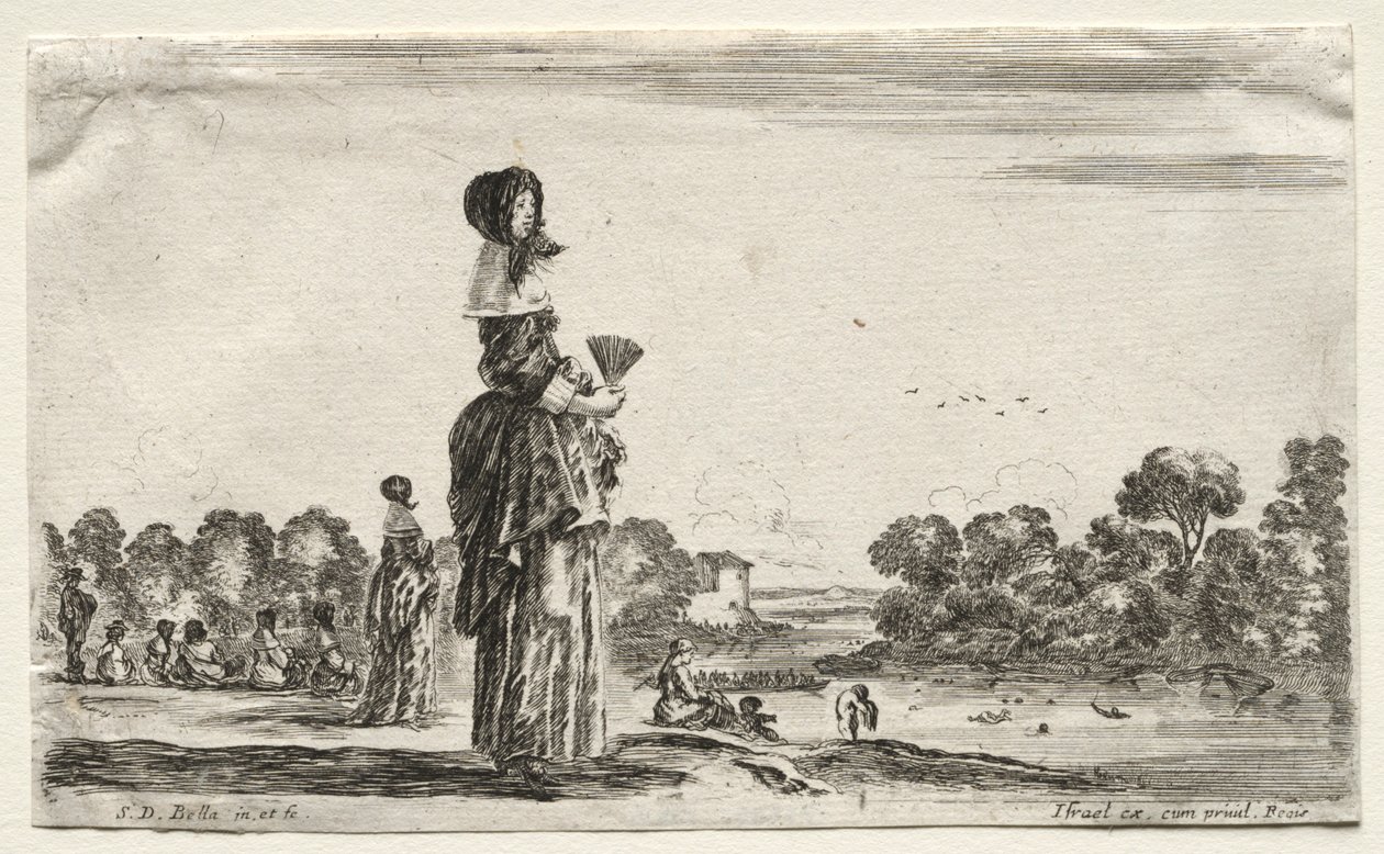 各种人物和风景：在河边观看洗澡的妇女，1649年。 作者 斯蒂法诺·德拉·贝拉
