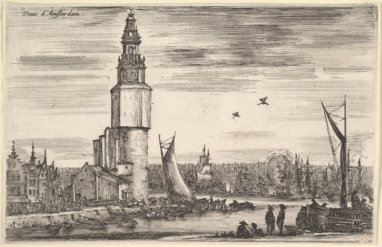 阿姆斯特丹Vue dAmsterdam，塔和房子向左看，站在码头上的人...，1647年。 作者 斯蒂法诺·德拉·贝拉