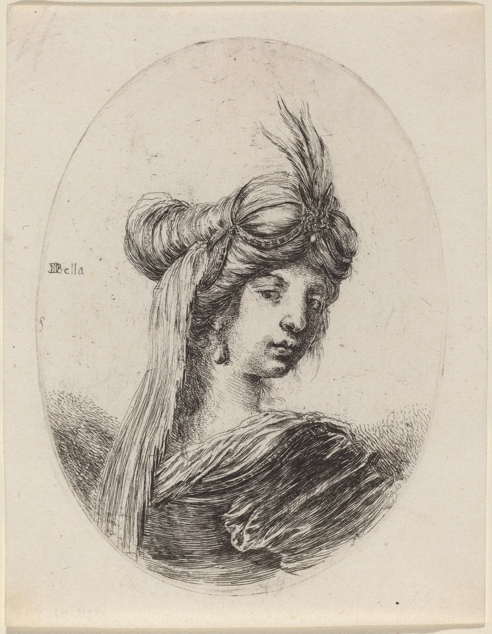 戴着羽毛头巾和面纱的女人，向右转，1649-1650。 作者 斯蒂法诺·德拉·贝拉