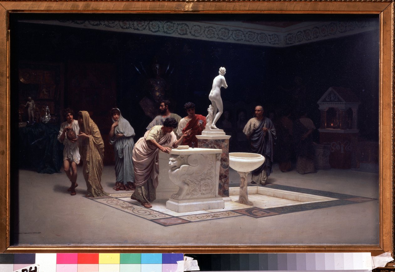 Dans le foyer des Maecena (Caius Cilnius Maecenas (ou Mecene) (vers 70 avant JC-8 avant JC) (在 Maecenas 的门厅)。Stepan Vladislavovich Bakalovich 的绘画 (1857-1947)。Huile sur toile, 45 x 72.7 厘米 作者 斯捷潘·弗拉迪斯拉沃维奇·巴卡洛维奇