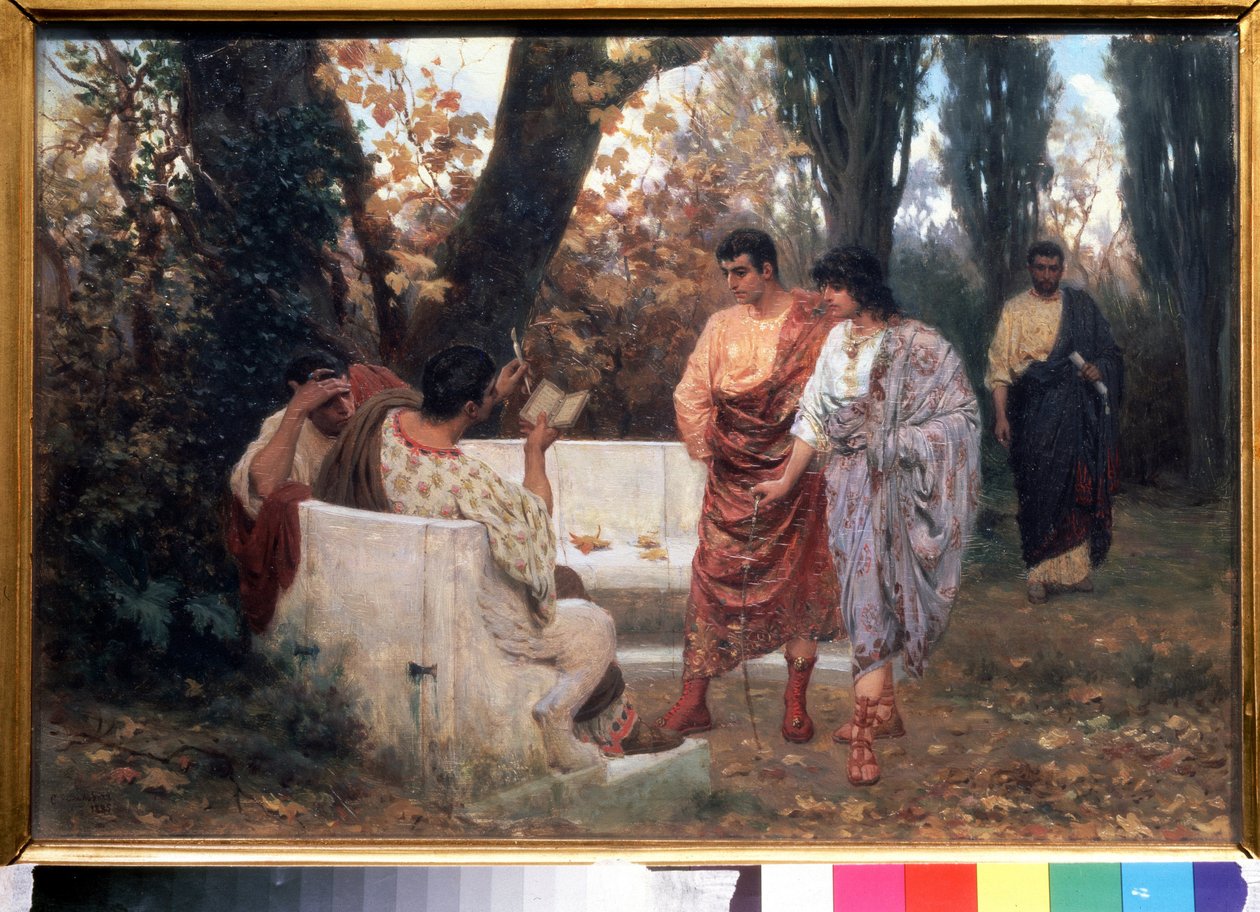 罗马诗人卡图卢斯（Catullus，公元前 87-54 年）朗读他的诗（罗马诗人卡图卢斯读他的诗）。 斯捷潘·弗拉季斯拉沃维奇·巴卡洛维奇（Stepan Vladislavovich Bakalovich，1857-1947 年）的绘画。 布面油画，26.8 x 39 厘米 作者 斯捷潘·弗拉迪斯拉沃维奇·巴卡洛维奇