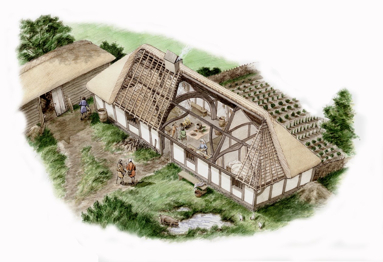 牛津郡 Mapledurham 的磨坊（2013 年绘制），约 1335-1400 年（墨水和水彩画） 作者 斯蒂芬·康林