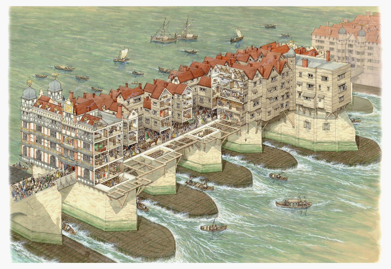 老伦敦桥（中央部分），约 1580-1600 年（水墨和水彩画） 作者 斯蒂芬·康林