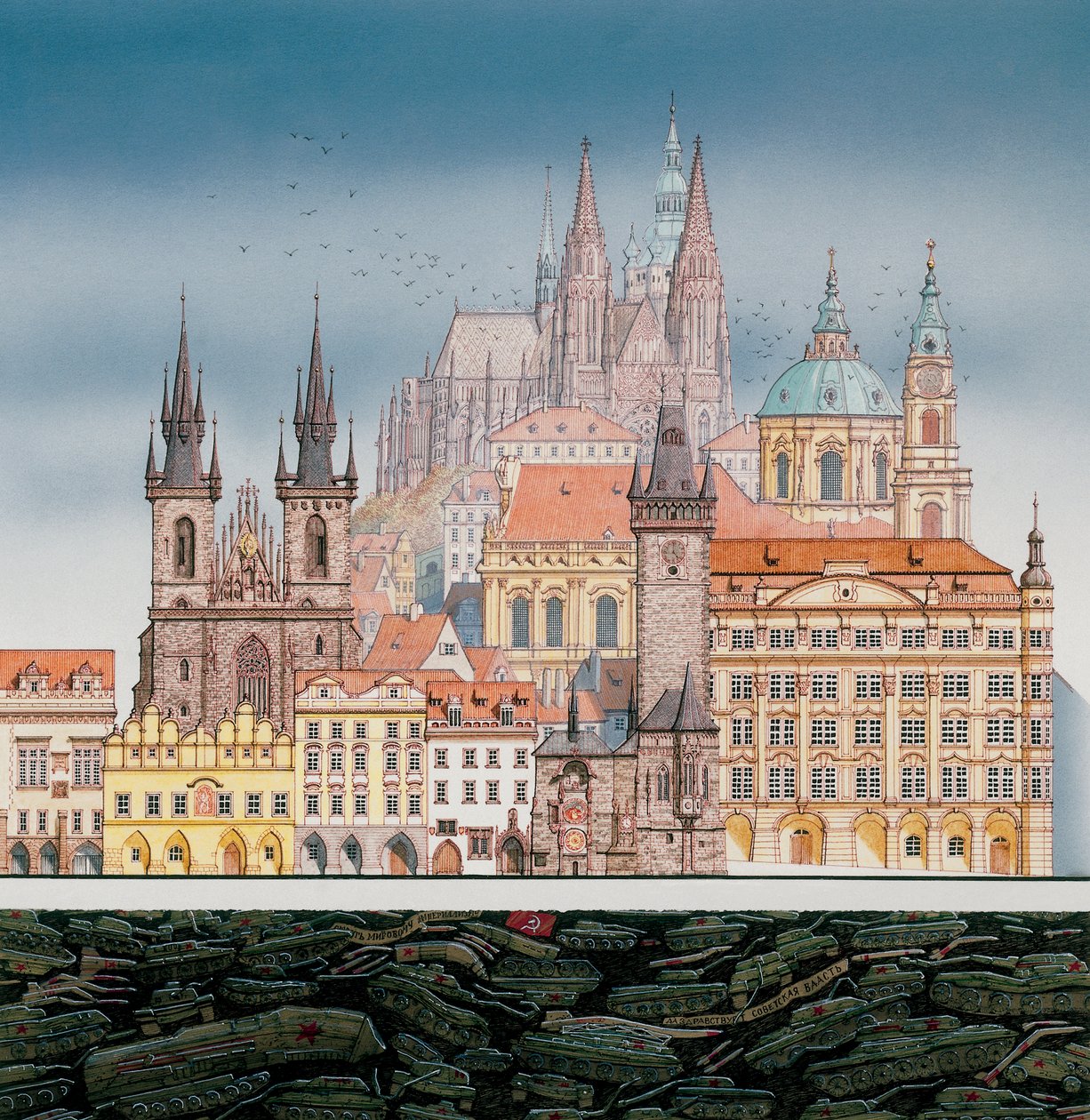 布拉格建筑和俄罗斯坦克，约 1980-1991 年（水墨画） 作者 斯蒂芬·康林