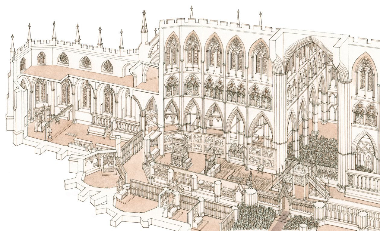 1399 年国王亨利四世加冕时的威斯敏斯特教堂钟楼，2023 年（水墨画） 作者 斯蒂芬·康林