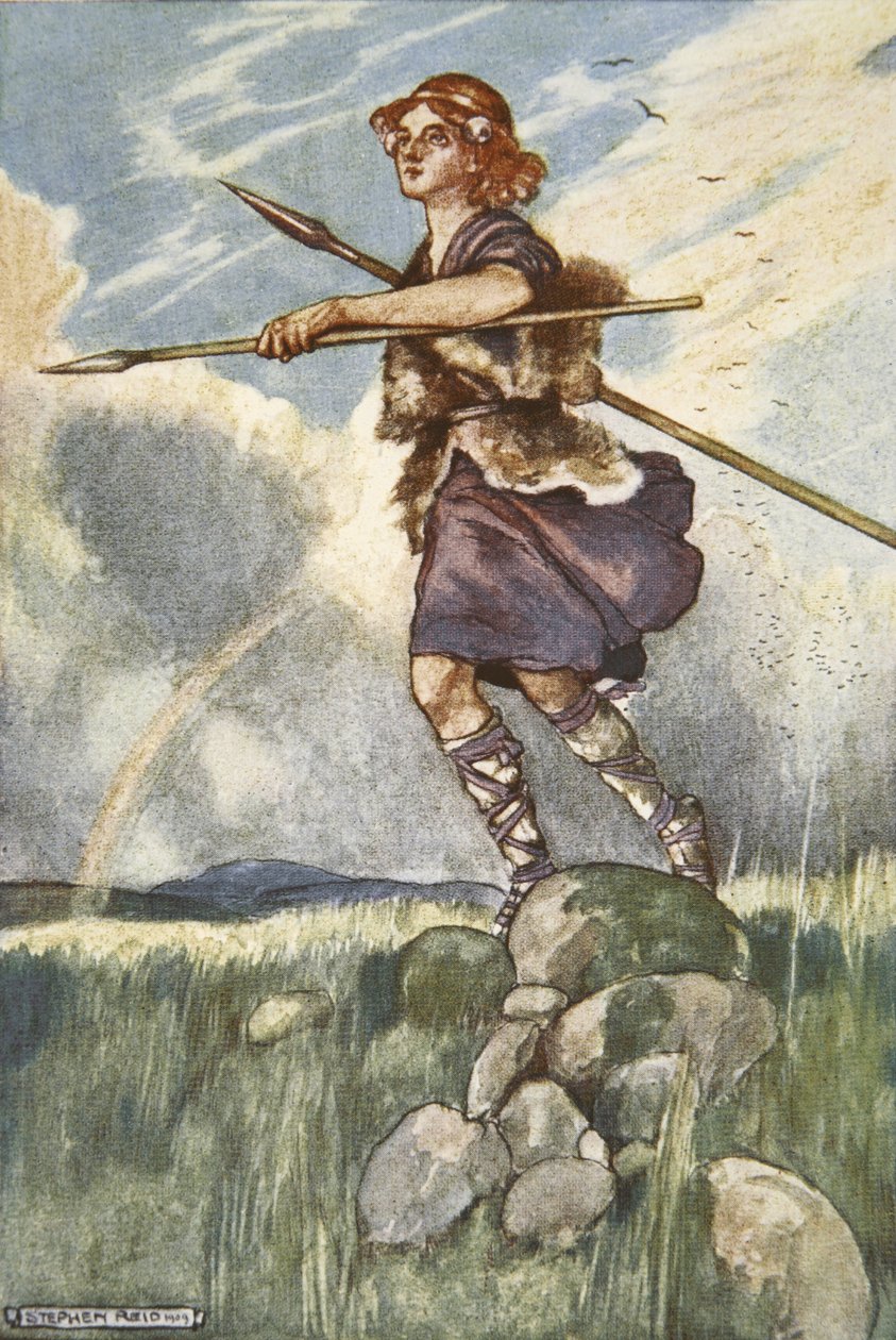 Cuchulain 出发前往 Emain Macha，插图选自 Eleanor Hull（1860-1935 年）创作的《Cuchulain，阿尔斯特的猎犬》。 作者 斯蒂芬·里德