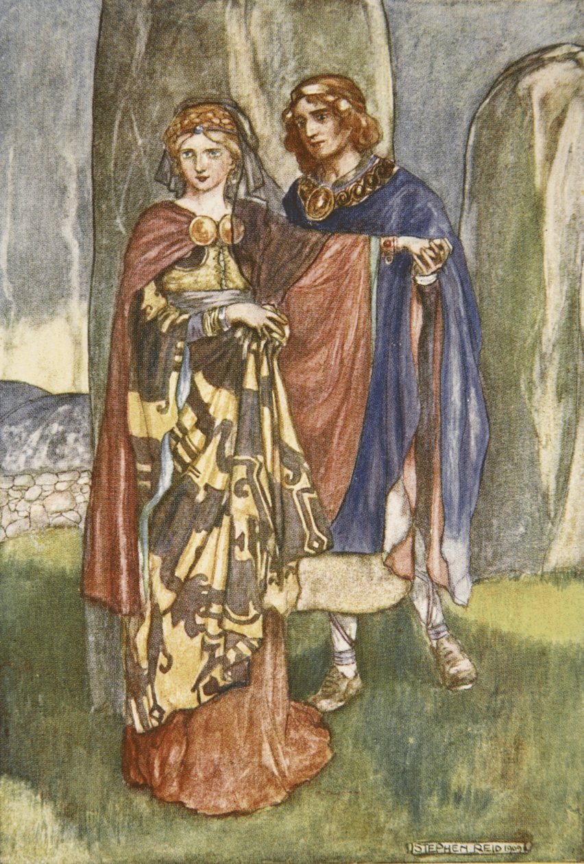 库丘林与埃默交谈，插图来自埃莉诺·赫尔（Eleanor Hull，1860-1935 年）《库丘林，阿尔斯特的猎犬》 作者 斯蒂芬·里德