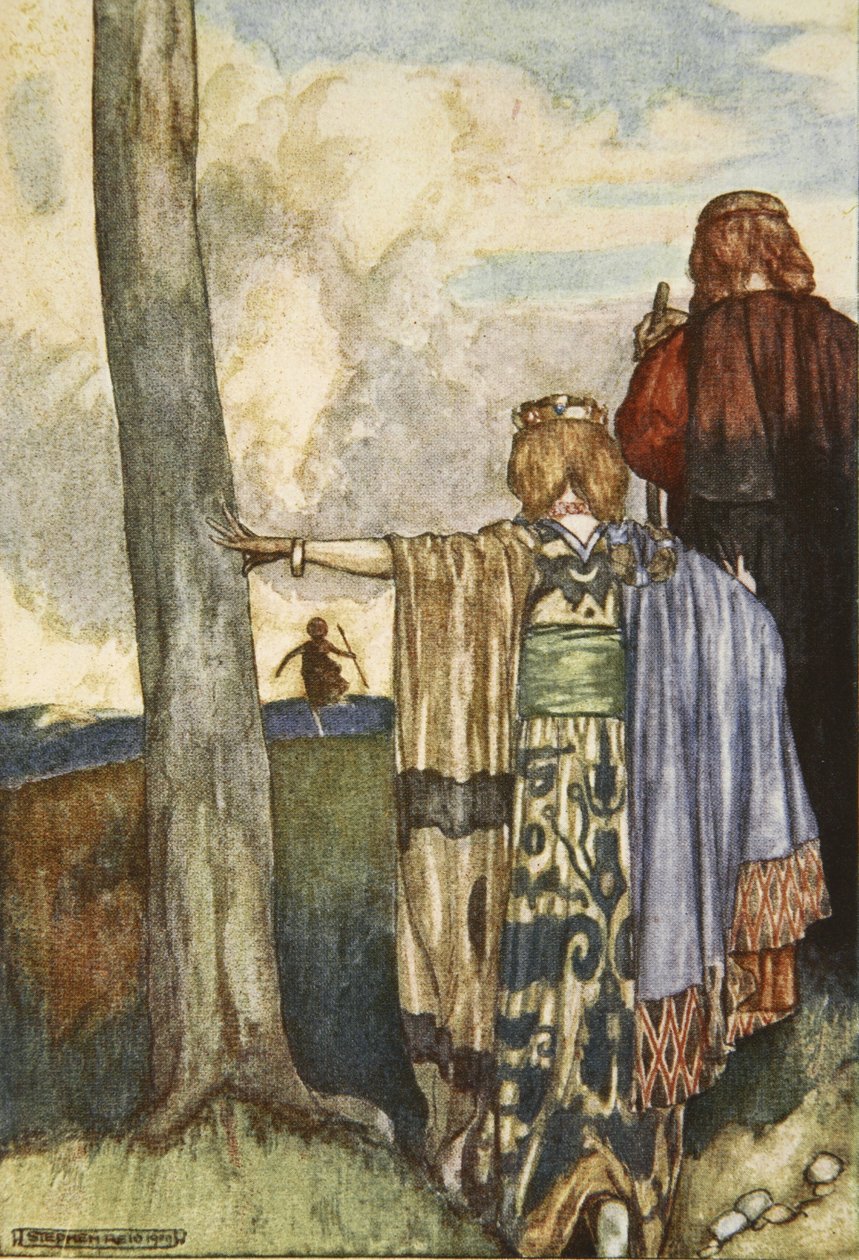 梅芙王后会见库丘林，插图选自埃莉诺-赫尔（Eleanor Hull，1860-1935 年）的《库丘林，阿尔斯特的猎犬》。 作者 斯蒂芬·里德
