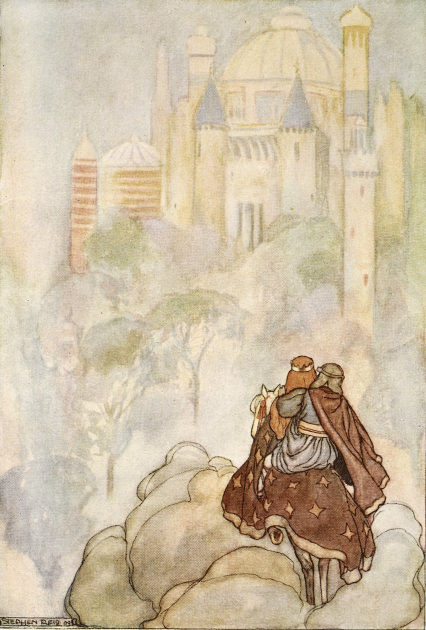 他们骑马来到一座庄严的宫殿，插图选自 T.W. Rolleston 的《The High Deeds of Finn, and other Bardic Romances of Ancient Ireland》（彩色石版）。 作者 斯蒂芬·里德