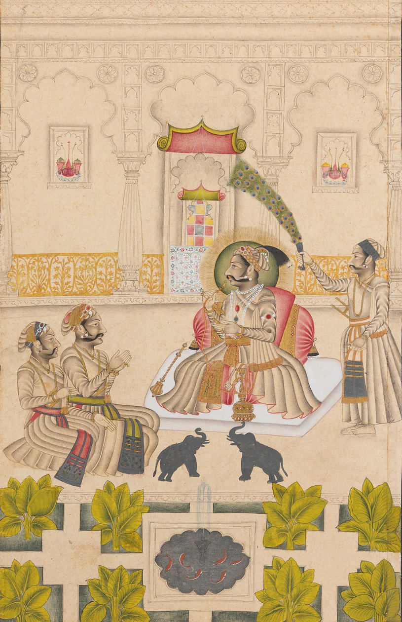 Maharana Amar Singh II被显示为两只银象，ca。 1705。 作者 点画大师