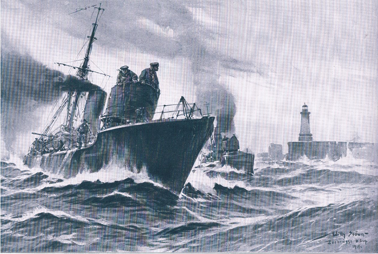 巡逻艇和扫雷艇驶出泽布吕赫港，摘自Union Berlagsefellfchaft出版的《1914-1915年世界大战插图史》。 作者 威利斯托