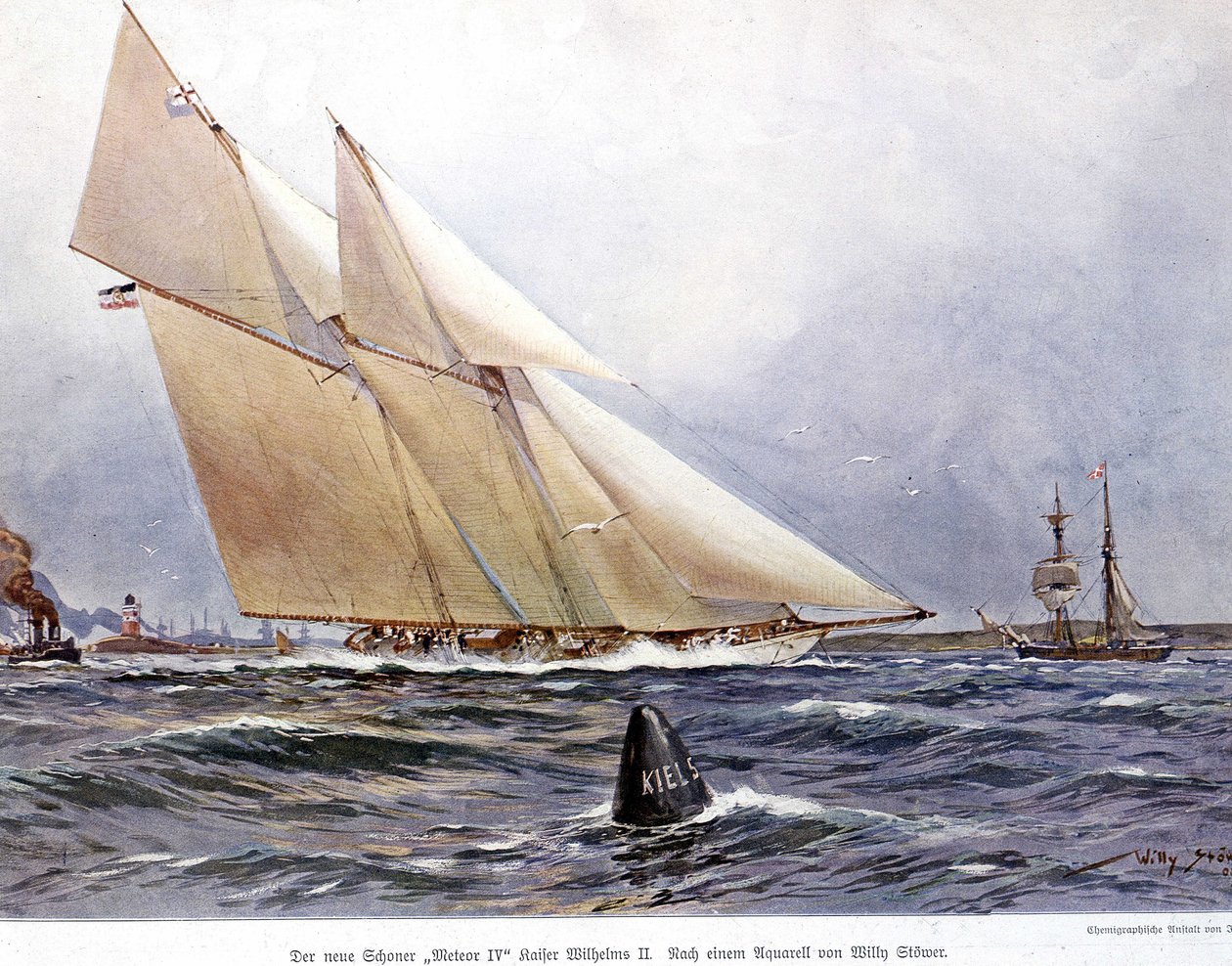 Sailing Race: The Sailboat “” Meteor IV”” - Watercolour by Willy Stower 作者 威利斯托
