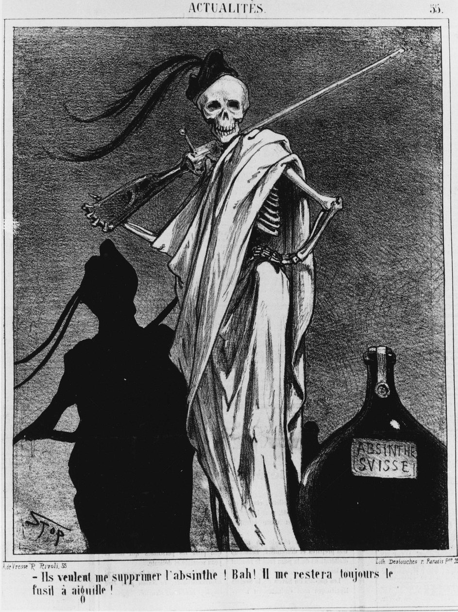 19世纪的酒精中毒，死亡说："他们想把苦艾酒从我身上拿走！"。呸!我总会留下针状来福枪的！"- 1867年4月12日《查理报》刊登的《停》的画作 作者 停下