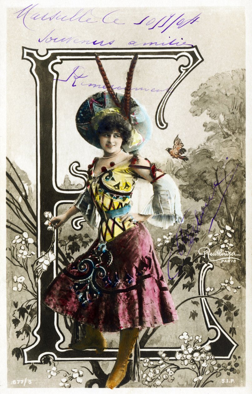E：法国女演员康斯坦斯·埃莉斯·德·维尔（Constance Elise De Vere），英国血统，出生于比利时-马里尼剧院，巴黎-明信片中的字母 作者 罗伊特林格工作室