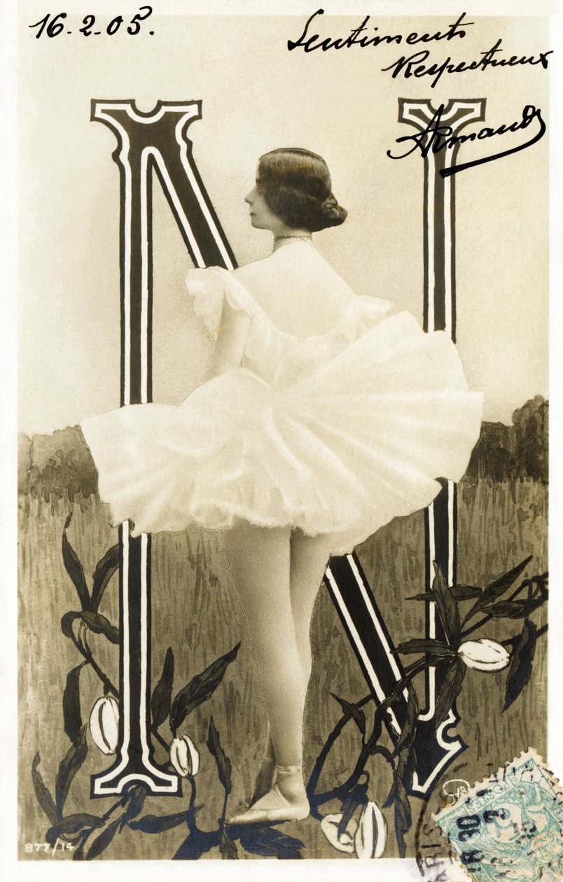 N：克莉奥佩特·黛安·德·梅罗德（Clane de Merode），叫克莱奥·德·梅罗德（Cleo de Merode），拉贝儿·艾波克（La Belle Epoque）的舞者，在巴黎歌剧院接受过训练-巴黎的Folies Bergerse剧院-明信片中的字母 作者 罗伊特林格工作室