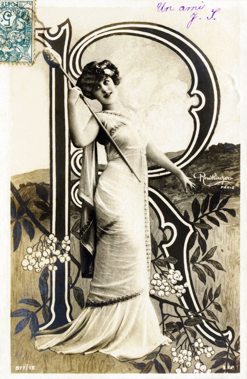 R：加布里埃尔·罗宾（Gabrielle Robinne），法国女演员，法国喜剧演员法兰西（Comedie Francaise）-明信片中的字母 作者 罗伊特林格工作室