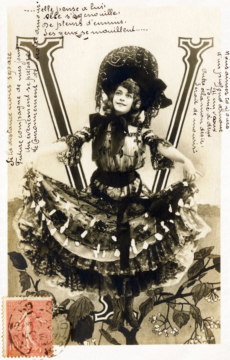 V：玛丽埃·苏利（Mariette Sully），来自美女时代的比利时女高音-剧院：布菲巴黎人，菜单Plaisirs，盖特，巴黎-明信片中的字母 作者 罗伊特林格工作室