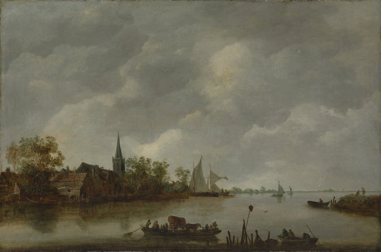 有村落教堂的河景。 作者 Jan van Goyen 的风格