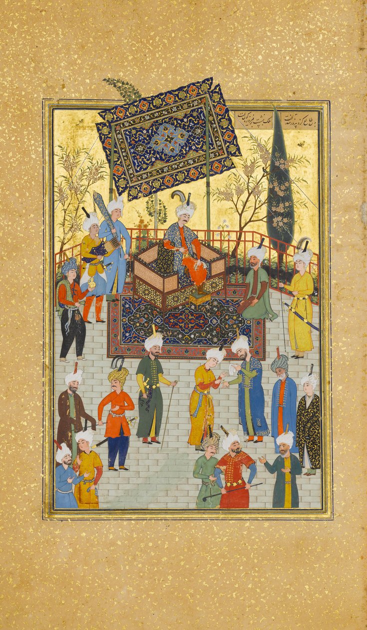 Khusrau坐在他的宝座上，第64页来自尼扎米的Khamsa五重奏，回历931年，公元1524-25年。创作者：苏丹-穆罕默德-努尔，马哈茂德-穆扎赫布，谢赫-扎达。 作者 苏丹穆罕默德努尔，马哈茂德穆扎希布，谢赫扎达