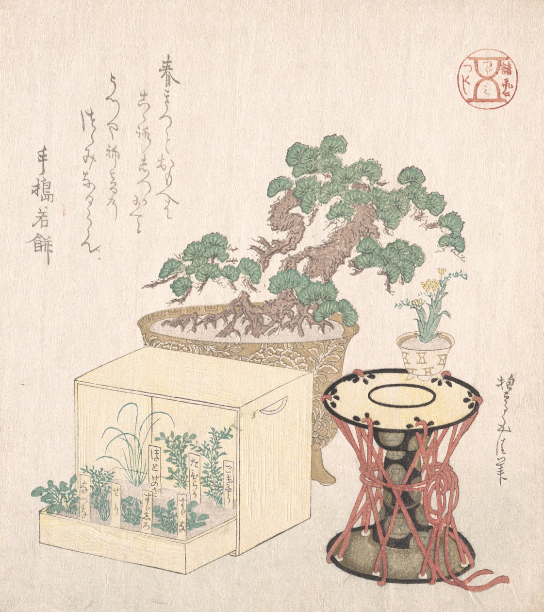 Potted Pine Tree, Drum and Seven Herbs planted in a Box, 18-19th century. , 18-19th century. 作者 砂山合成