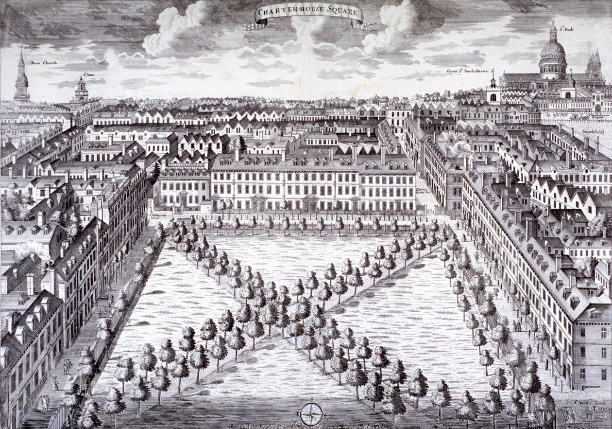 伦敦芬斯伯里Charterhouse广场的鸟瞰图，约1750年 作者 萨顿·尼科尔斯