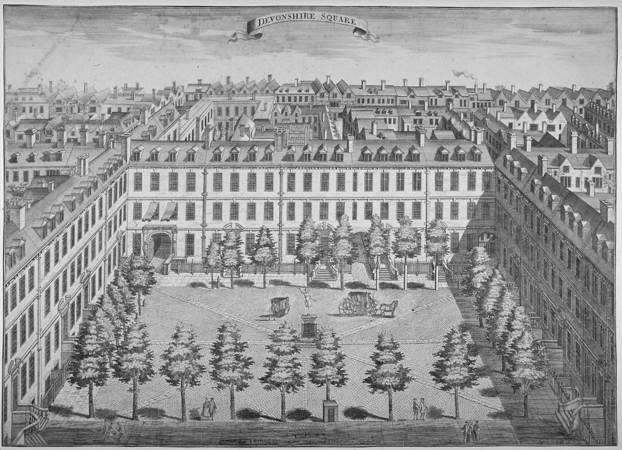 伦敦市德文郡广场的鸟瞰图，1740年。                                           作者 萨顿·尼科尔斯