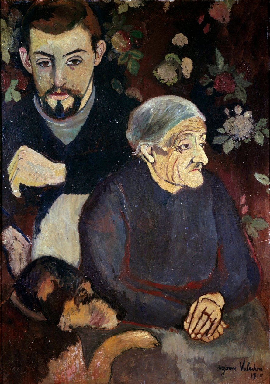 画家 Maurice Utrillo、他的祖母和一只狗的肖像 苏珊娜·瓦拉东 (Suzanne Valadon) 的画作 (1865-1938) 作者 苏珊·瓦拉东