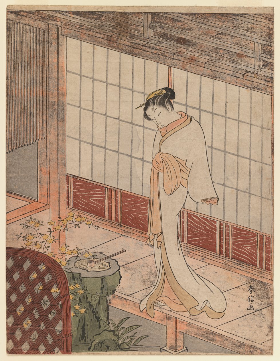 穿着夜服的名妓站在阳台上，c.1767（彩色木版画） 作者 铃木春信